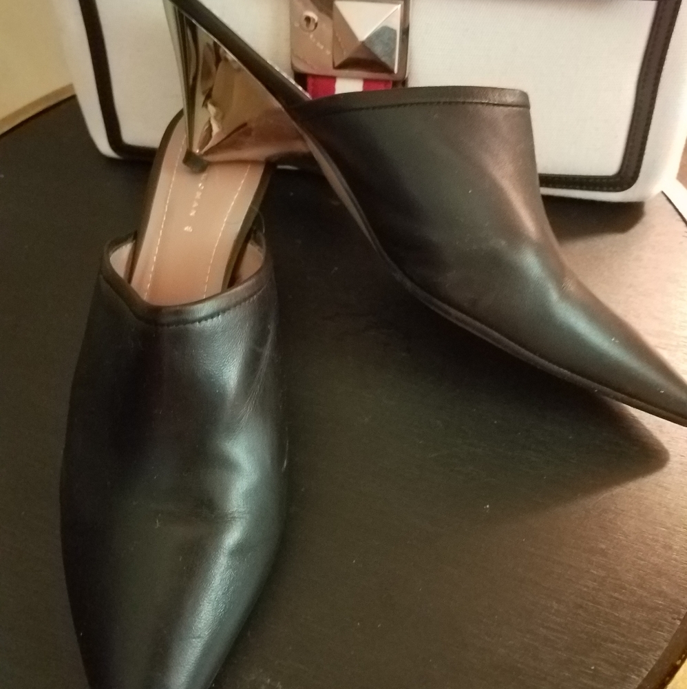 ZARA CHROME KITTEN HEEL MULES/ LIKE NEW!!